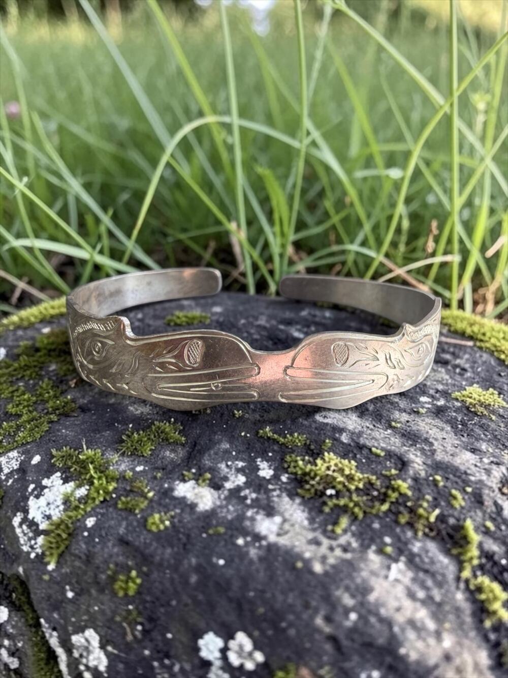 Vintage Sterling Silver First Nations Cuff Bracelet Signed RJ